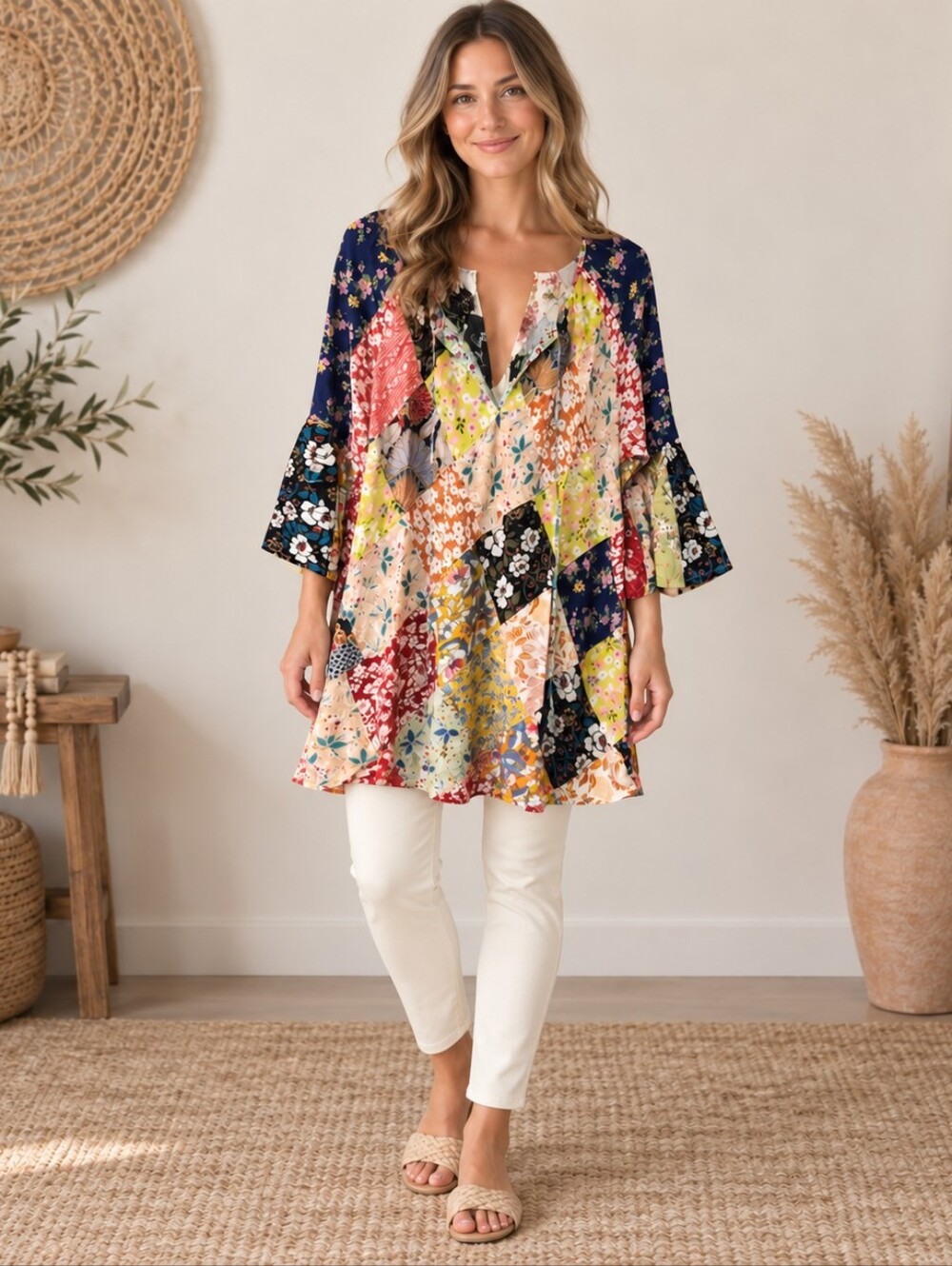 522.Young Threads Patchwork Floral V-Neck Tunic Top - Multicolor